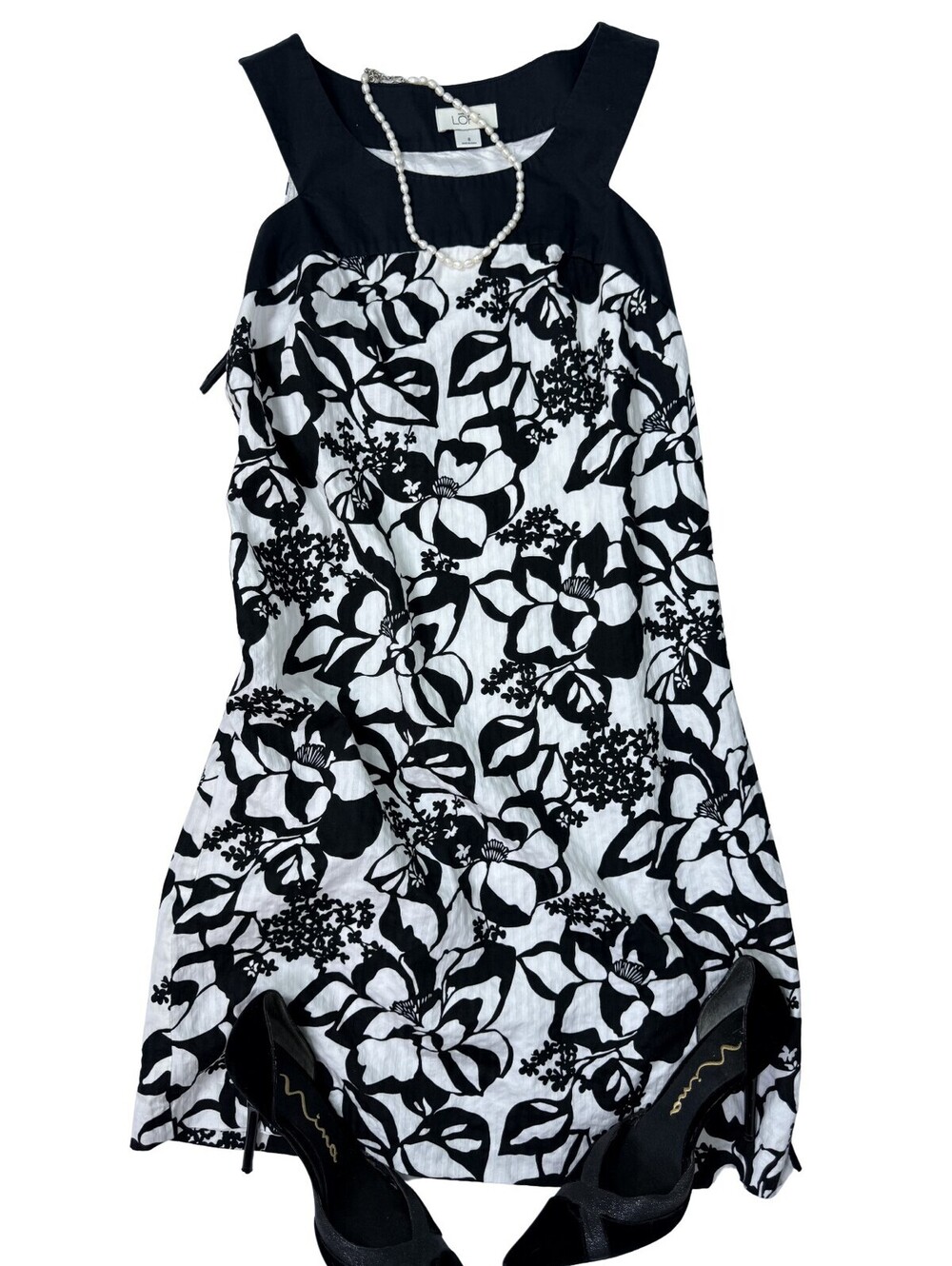 LOFT Floral Cotton Dress Size 8 Black White Sleeveless Summer Midi